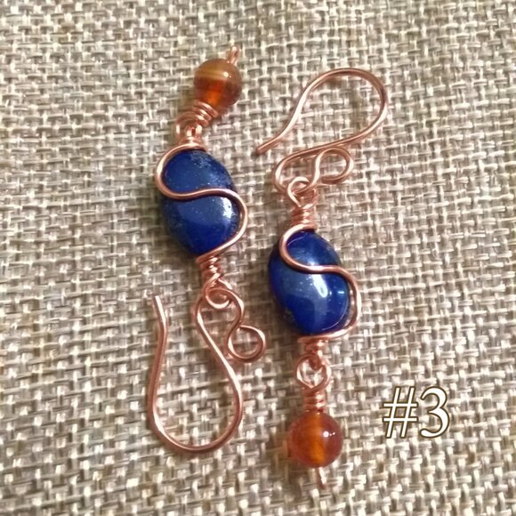 Handcrafted Copper Earrings! Lapis Lazuli & Agate! Midnight Blue & Russet - Picture 1 of 9